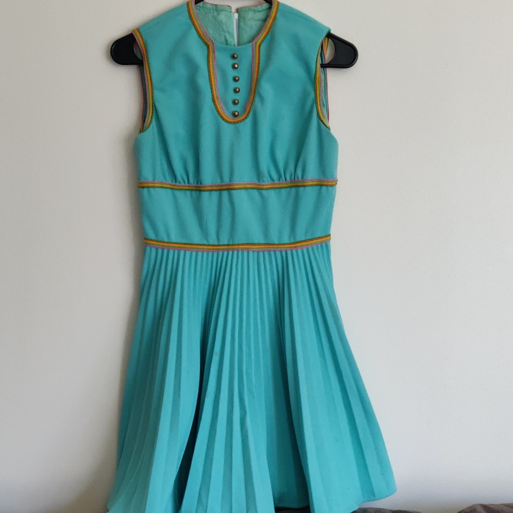 Vibrant aqua and rainbow 1960s vintage dress